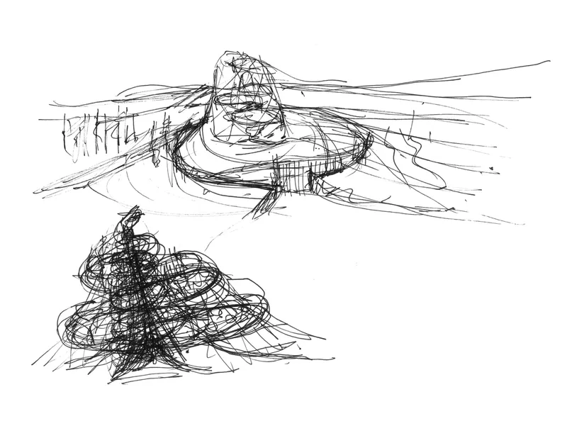 Sketch showing a domed conservatory structure and landscape with freehand perspective and detail studies