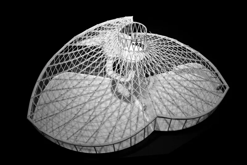 Axonometric drawing of the lattice steel structure supporting two intersecting domed glass roof volumes