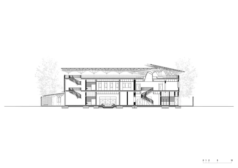 Section drawing revealing multi-level interior spaces with stairs and a sloped roof with trees above