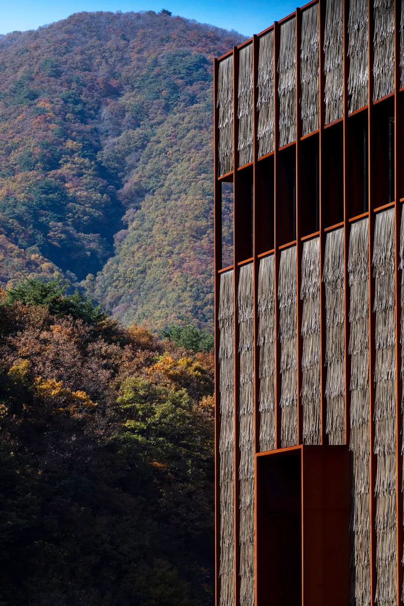 Corner detail of the vertical timber cladding with recessed openings against forested hillside in autumn