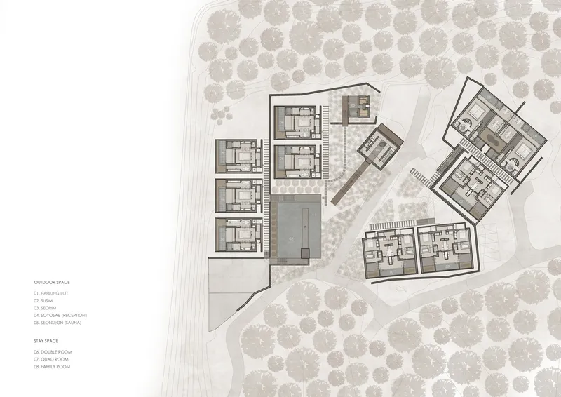 Site plan drawing showing clustered pavilions around a central courtyard with surrounding tree canopy