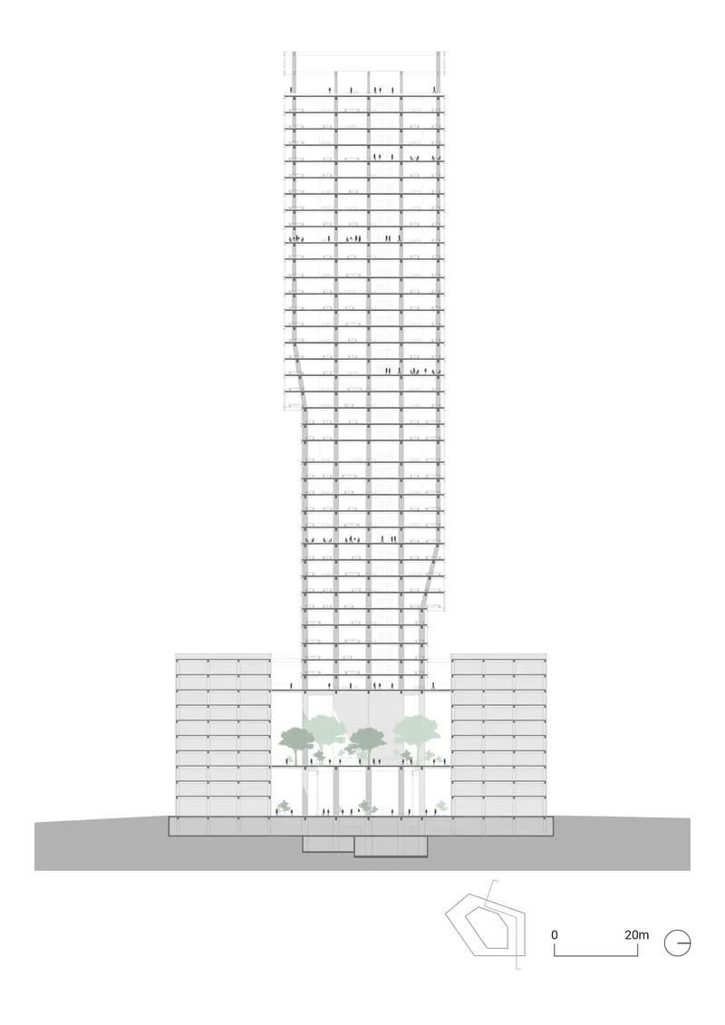 Section drawing showing a tall tower with flanking low-rise blocks and landscaped courtyard at ground level