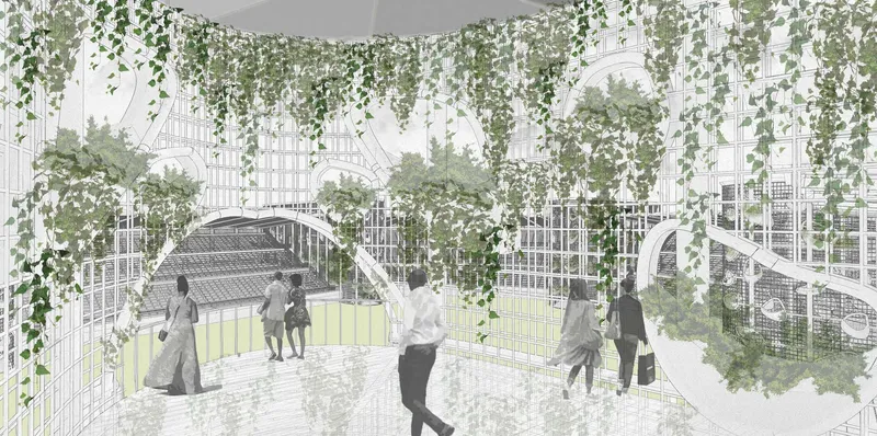 Internal viewing gallery connecting stadium and living skin