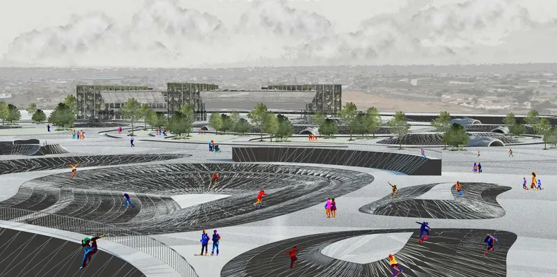 Public landscape with skatepark shaped by reclaimed landfill topography