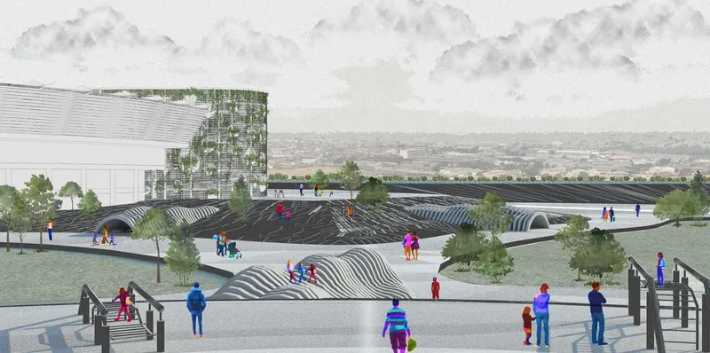 Community plaza integrating recreation, ecology, and open space