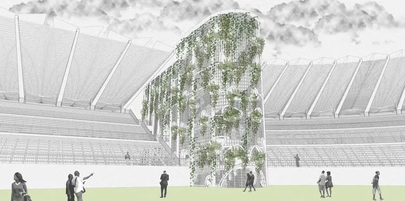 Biophilic stadium facade integrating vegetation into structural screens