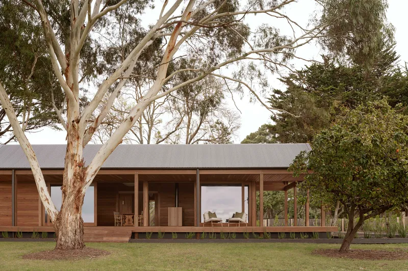 Frontal view of the timber and glass pavilion with deep verandah and eucalyptus canopy overhead