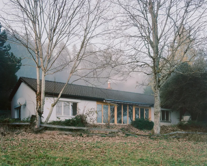 Single-story house with pitched roof and glazed timber window wall framed by bare winter trees