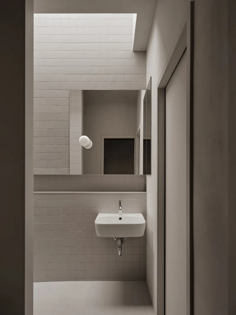 Narrow bathroom with white rectangular tile walls and a wall-mounted sink beneath a skylight