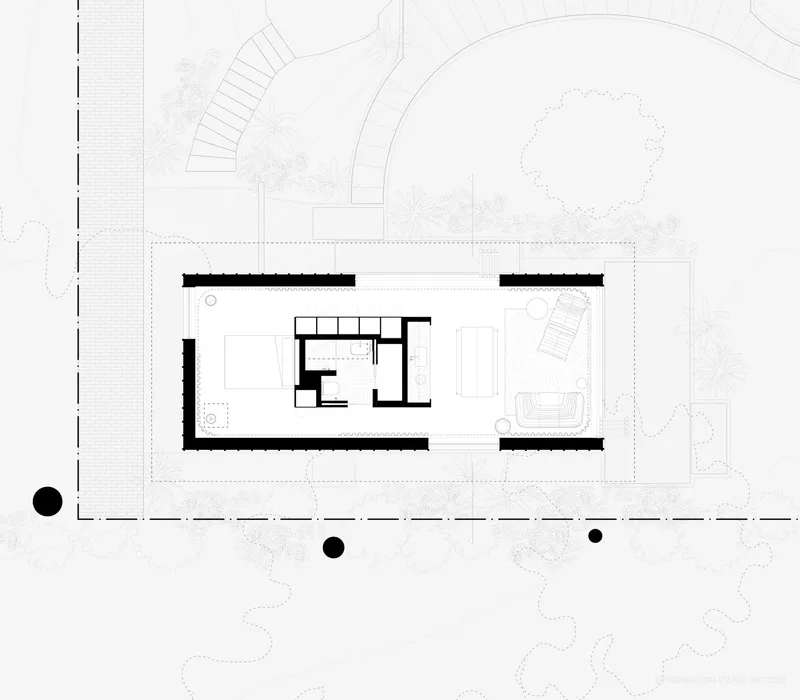 Floor plan drawing showing a rectangular residence with interior core and surrounding landscape