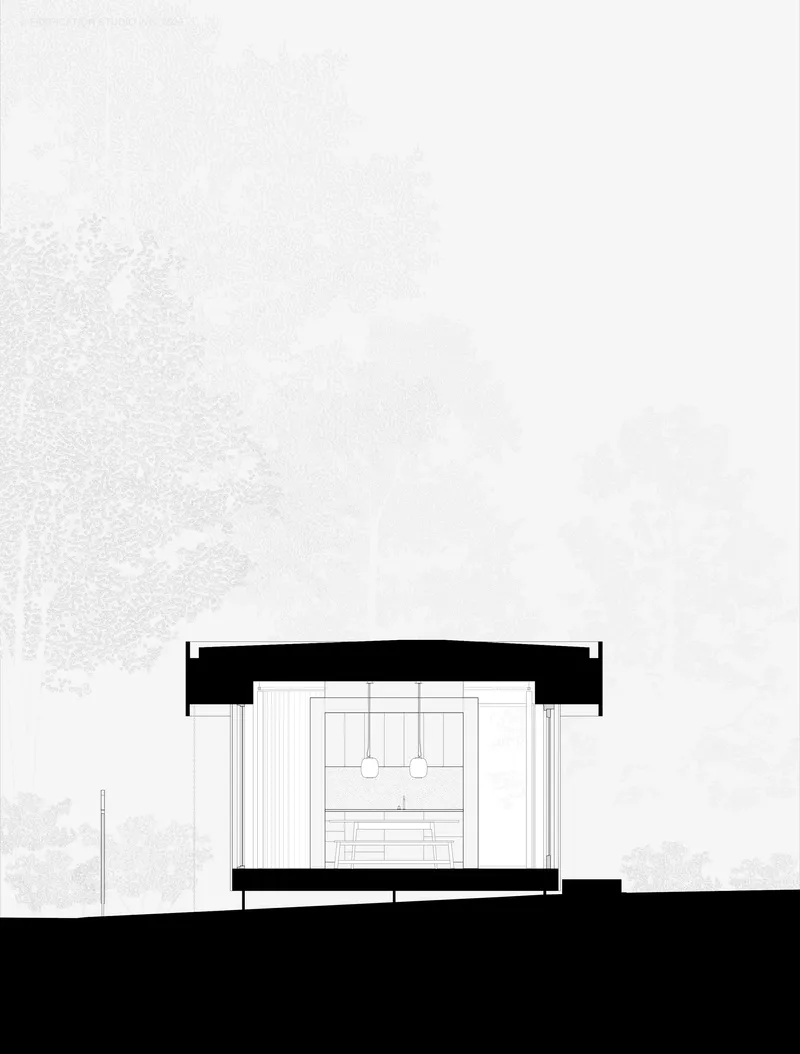 Section drawing illustrating a single-story structure with central kitchen and thick roof assembly