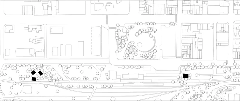 Site plan drawing showing three pavilion structures among landscaped pathways and scattered tree canopies
