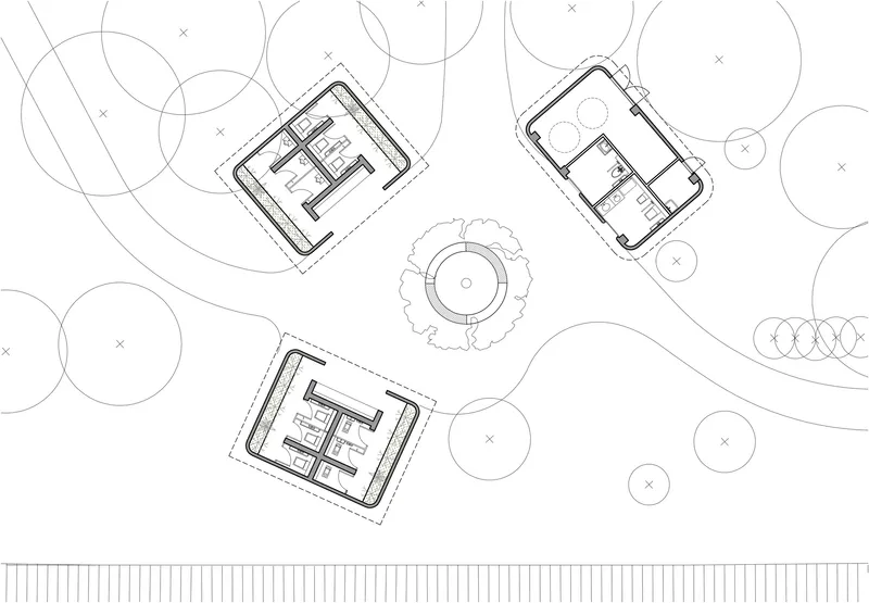 Site plan drawing depicting three rectangular pavilions arranged around a central circular fountain with tree canopies