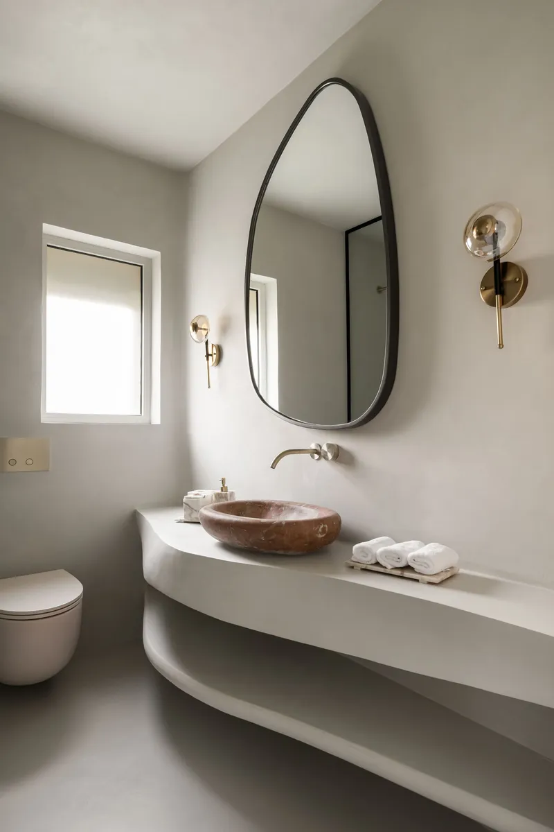 Bathroom vanity with organic mirror, copper vessel sink and brass wall-mounted faucet and sconces