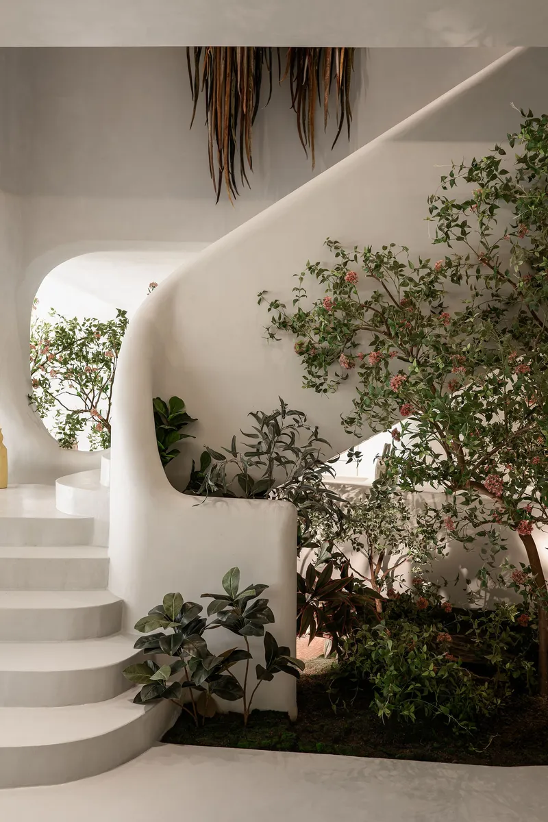 Interior staircase with rounded plaster walls rising past planted bed with flowering shrubs and hanging sculpture