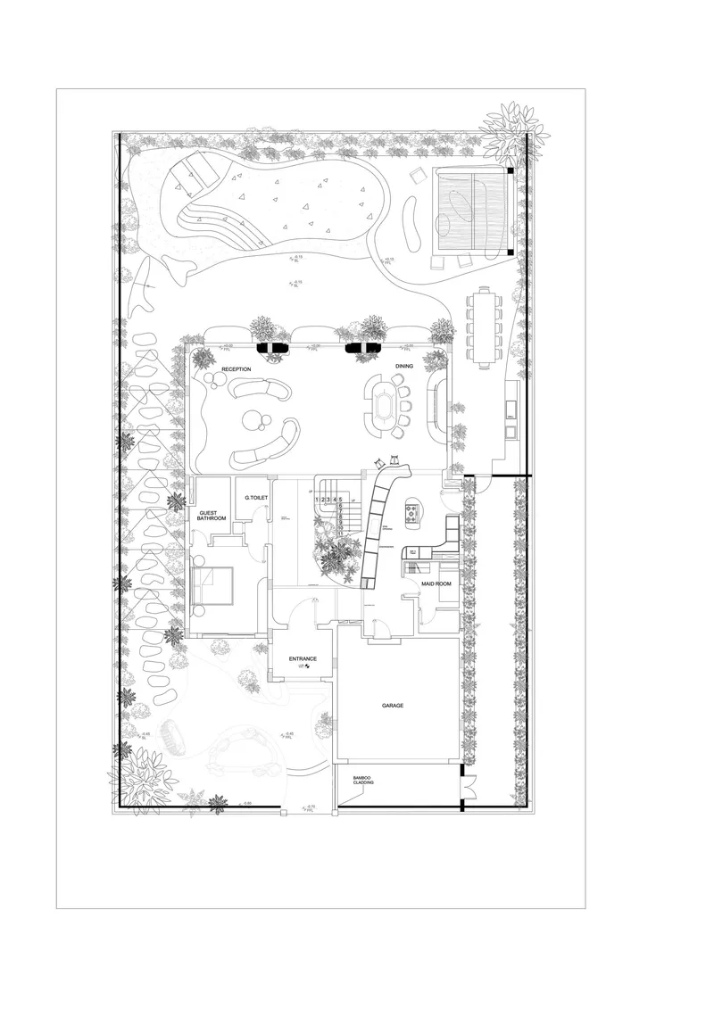 Site plan drawing showing a residence with a pool and extensive landscaping including trees and planted beds