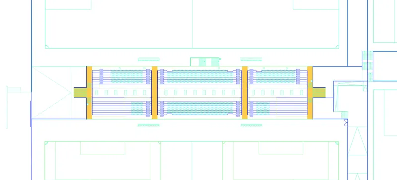 Floor plan drawing illustrating the seating tiers and yellow structural bays along the canopy