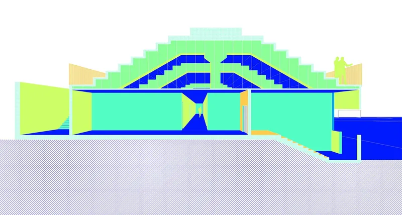 Elevation drawing revealing the symmetrical double-pitched roof structure over stepped interior volumes in color-coded material zones