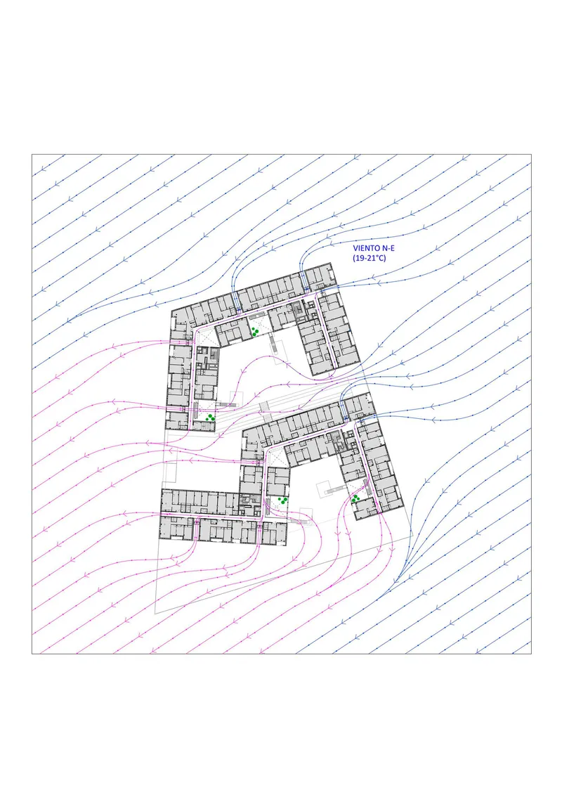 Site plan drawing showing two angled building blocks on sloping topography with contour lines