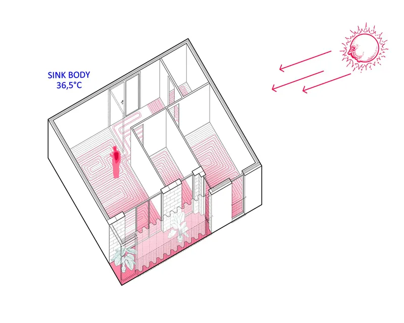 Isometric diagram showing radiant floor heating and cooling systems within a residential unit under direct sunlight