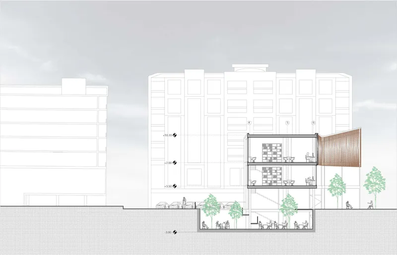 Sectional cut revealing layered library spaces and sunken public courtyard integration