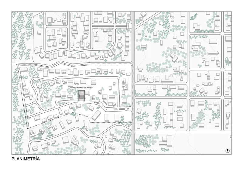 Site plan drawing showing curving streets, building footprints, and tree clusters across a residential area