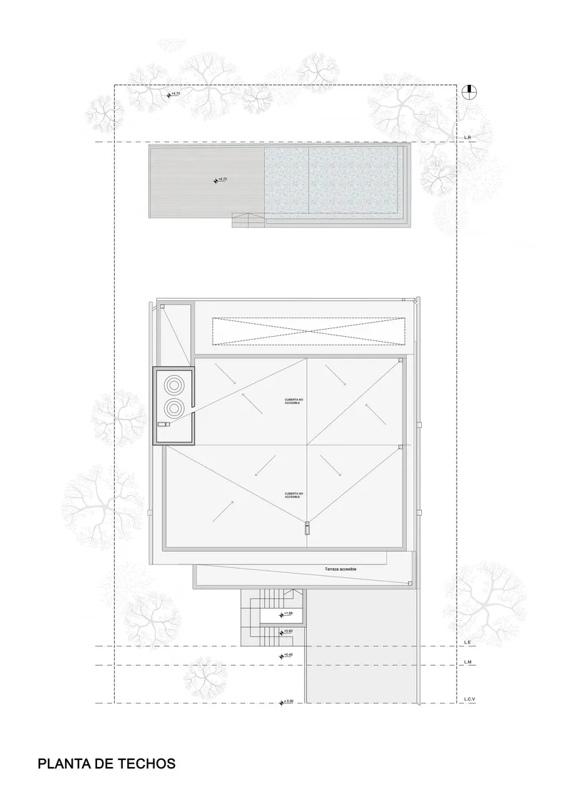 Roof plan drawing showing a rectangular volume with pool and upper terrace surrounded by trees