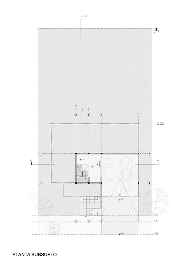 Basement plan drawing showing minimal program areas with stairs connecting to upper levels
