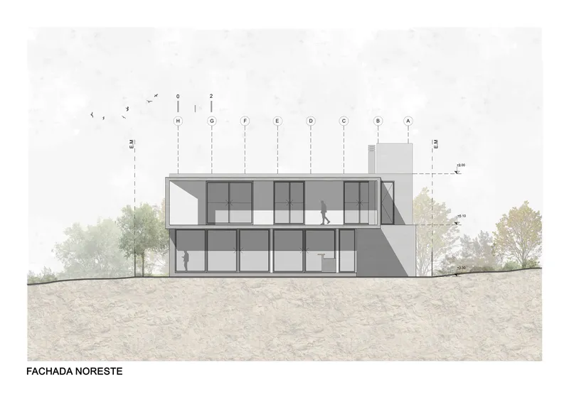 Elevation drawing of a two-story residence cut into a hillside with surrounding trees