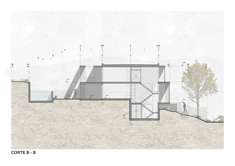 Section drawing showing the internal staircase and split-level configuration embedded in sloped terrain