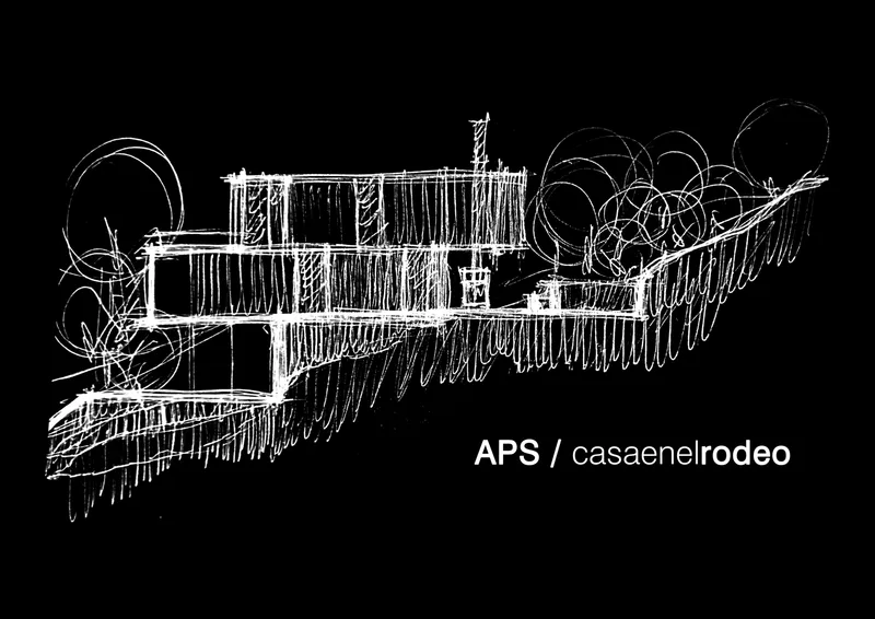 Section sketch showing terraced volumes with circular elements and vegetation on a sloped site