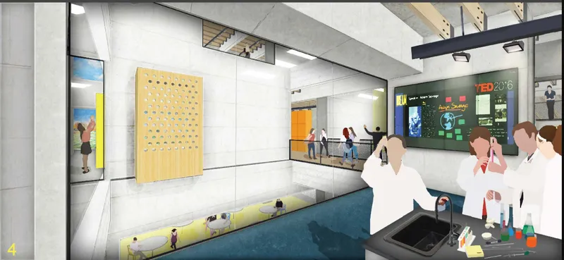 Flexible learning environments integrate technology, experimentation, and collaboration within a contemporary educational architecture framework.