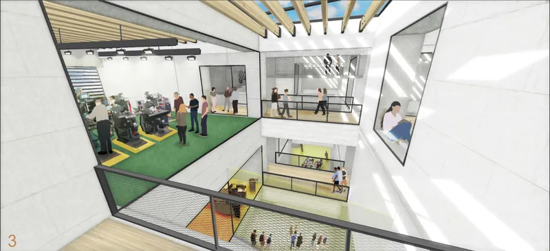 Visual connectivity across studios and labs encourages interdisciplinary learning through transparency and shared educational experiences.
