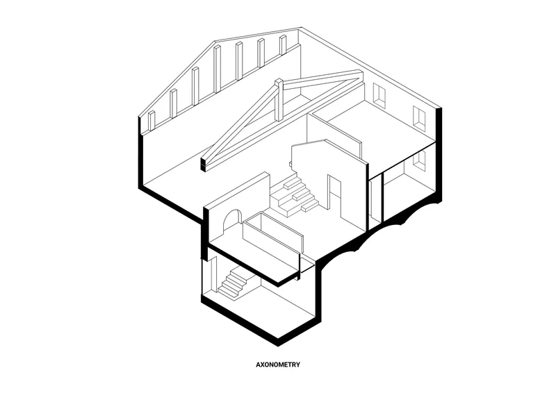 Axonometric drawing showing interior spatial arrangement with exposed timber trusses and central staircase