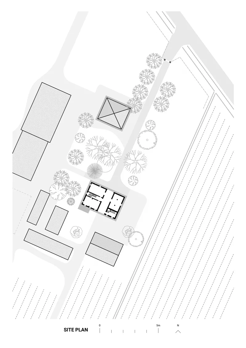 Site plan drawing depicting buildings, scattered trees and linear agricultural field patterns