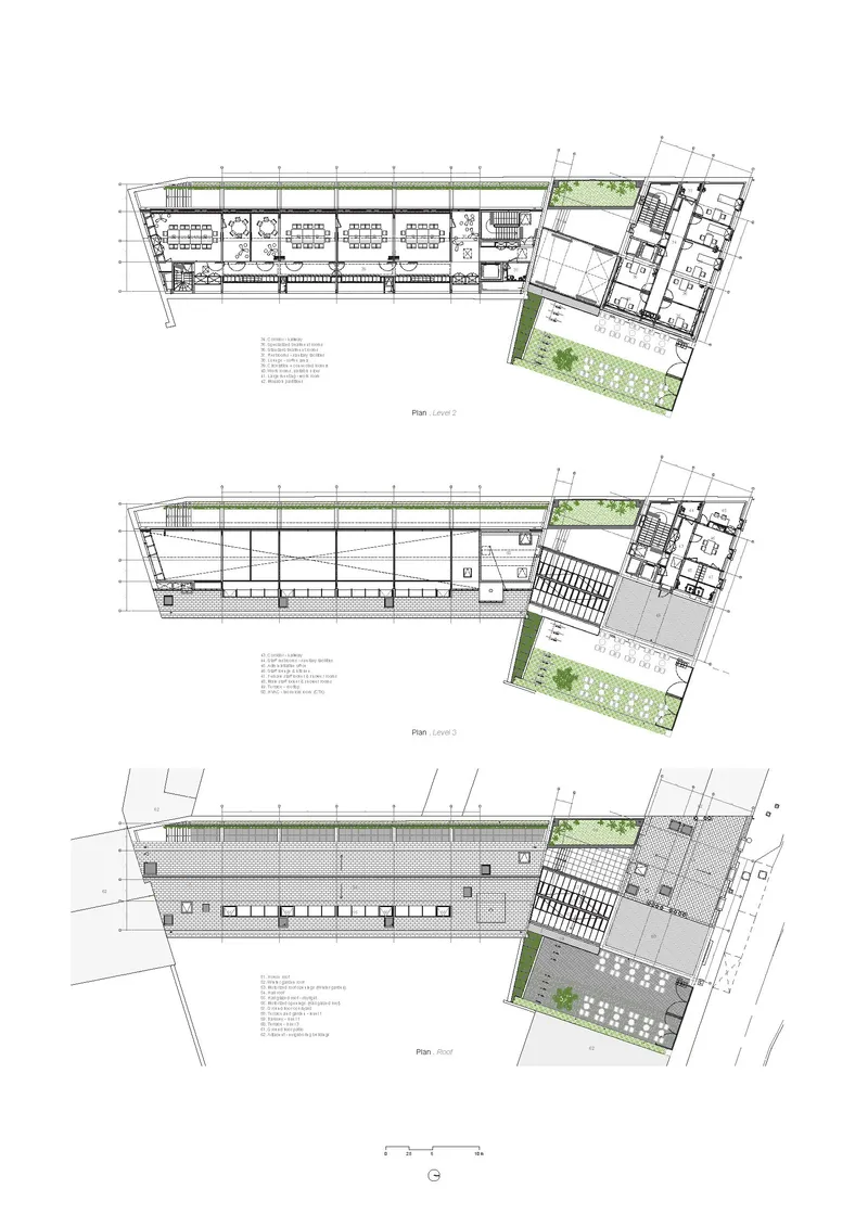Floor plan drawings showing three upper levels with planted terraces and rooftop elements at building corner