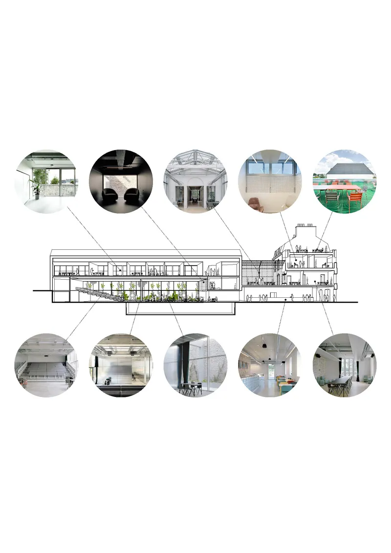Longitudinal section drawing with circular photographic vignettes highlighting interior and exterior spaces throughout the complex