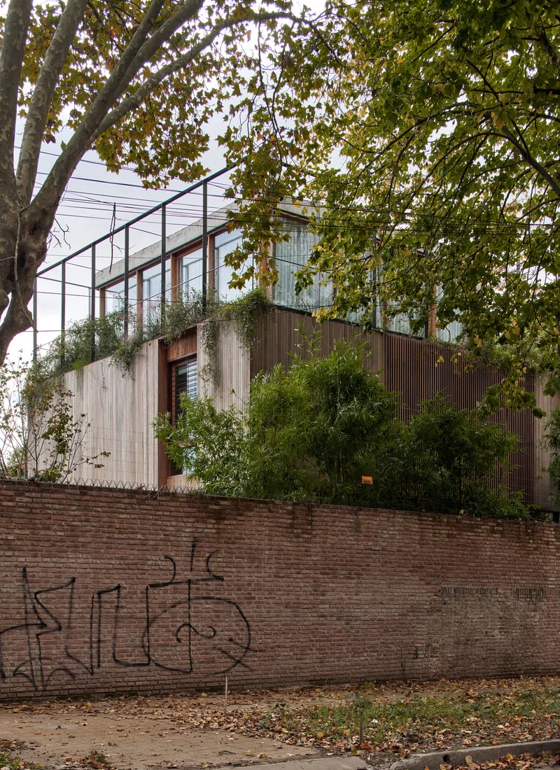 Facade with corrugated metal cladding and cascading vegetation emerging from a weathered brick base