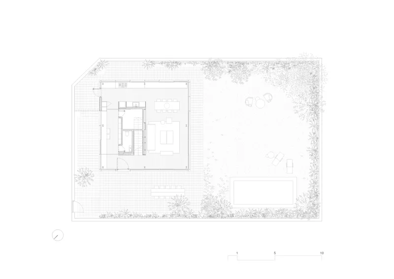 Site plan drawing showing the residence and pool surrounded by landscape with tree symbols