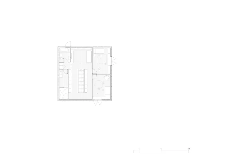 Floor plan drawing showing a central staircase flanked by rooms and an outdoor terrace with vegetation