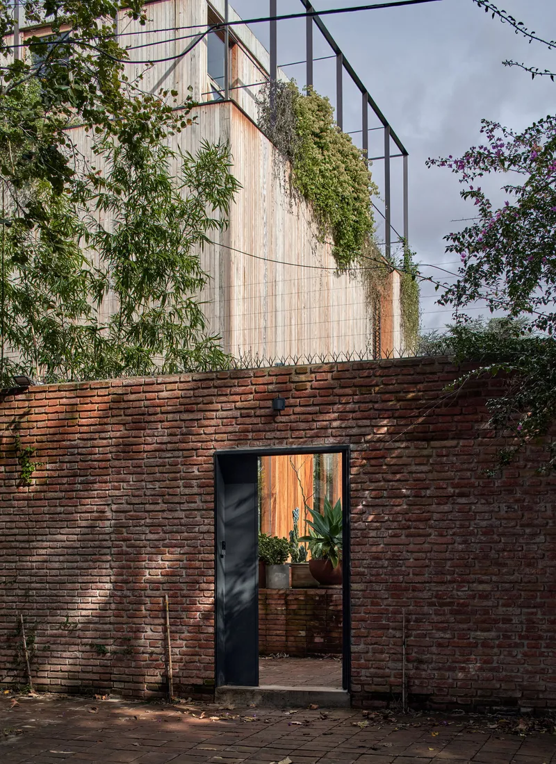 Red brick perimeter wall with doorway framing a view to timber-clad volume and climbing vines