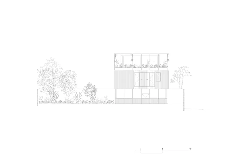 Elevation drawing showing a two-storey facade with rooftop terrace and surrounding vegetation