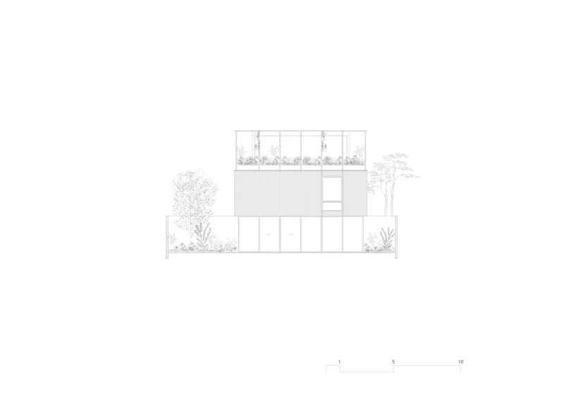 Elevation drawing showing vertical cladding and a planted rooftop terrace with trees at grade
