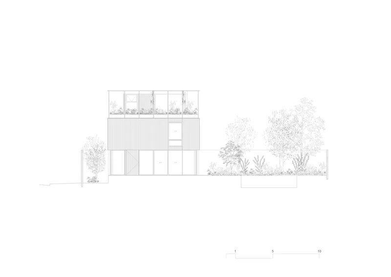 Elevation drawing of a two-story residence with roof terrace surrounded by trees and landscape
