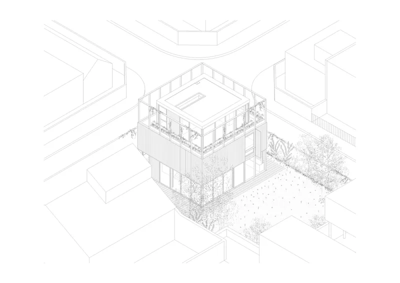Axonometric drawing showing a courtyard house with planted garden and surrounding urban context