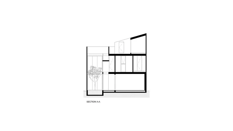 Section drawing depicting staggered floor plates with a tree in an external courtyard void