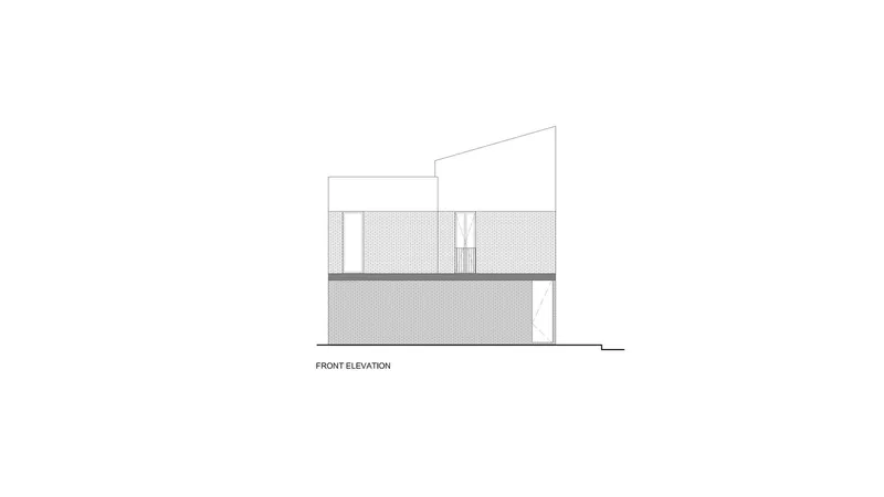 Front elevation drawing showing textured wall panels and a recessed upper volume with angled roofline