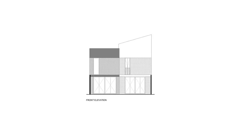 Front elevation drawing with diagrid-patterned glazing and solid horizontal band above the entrance