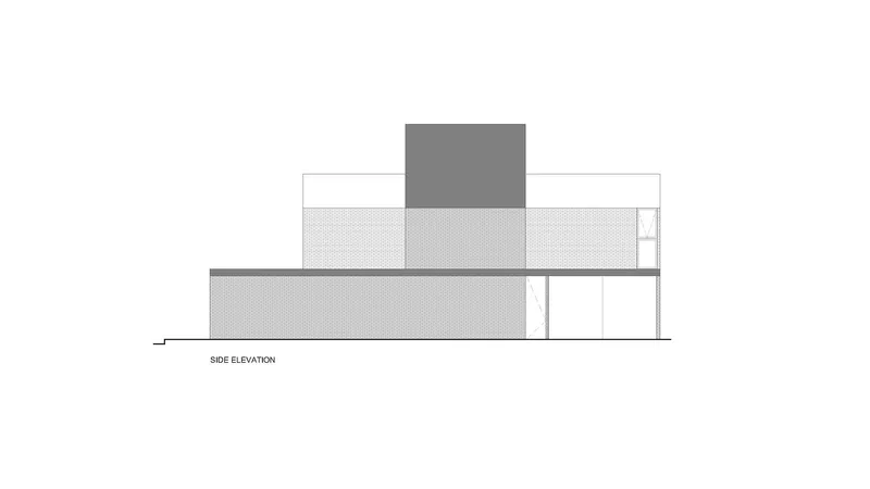 Side elevation drawing showing stepped volumes in stippled and solid fill with a central massing