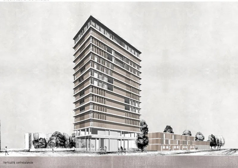 Facade elevation highlighting rhythmic continuity and the balance between horizontal layers and vertical expression.